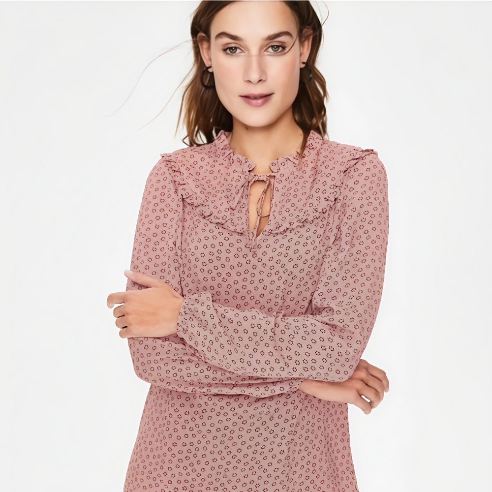 Boden Mauve Pink Floral Tie-Neck Blouse, Size 8